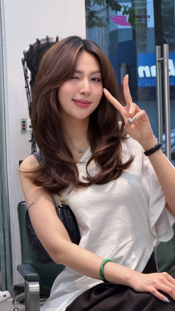 Nguyễn Quỳnh Anh nháy mắt tinh nghịch tạo dáng cùng mái tóc uốn layer thiết kế đẹp bồng bềnh quyến rũ
