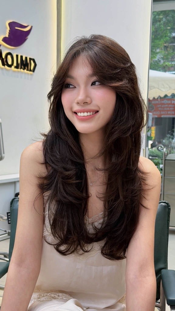 Uốn High Layer Perm: Thiết Kế Sẵn Sàng Cho Sự Thay Đổi Đột Phá Tại Kim Loan Hair Salon 1 Khách hàng mỉm cười rạng rỡ với mái tóc uốn High Layer Perm thiết kế